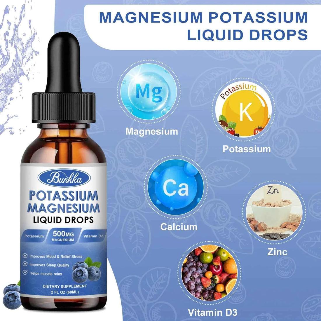 Potassium Magnesium Supplement Liquid - High Absorption Calm Magnesium Complex 500mg &amp; Potassium 99mg,Calcium, Vitamin D3, Zinc