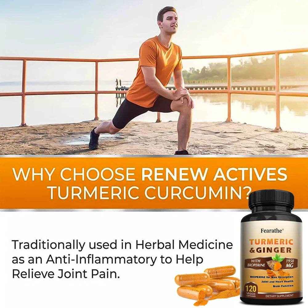 Turmeric Ginger Capsules with BioPerine 1950 Mg - Black Pepper for Better Absorption, Natural Joint, Heart and Brain Support