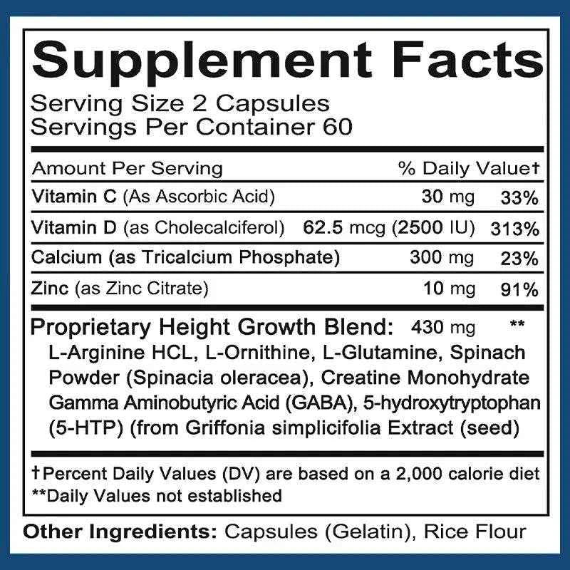 Height Growth Maximizer - Natural Peak Height - Bone Strength Growth Pills with Calcium - No Somatropin, 120 Capsules