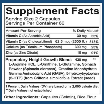 Height Growth Maximizer - Natural Peak Height - Bone Strength Growth Pills with Calcium - No Somatropin, 120 Capsules