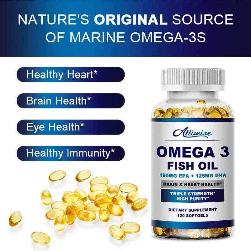 Alliwise Omega 3 Fish Oil Capsules Helps Brain &amp; Cardiovascular System, Relief Eye Fatigue, Improve Cognitive &amp; Learning Ability