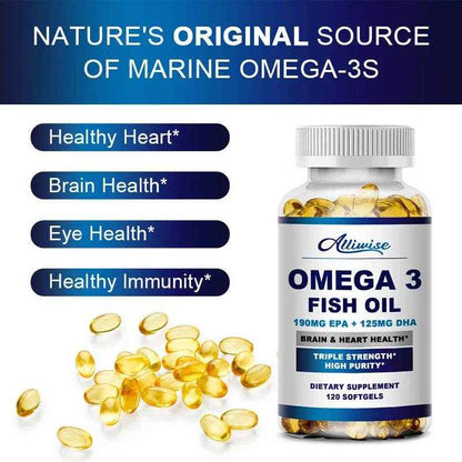 Alliwise Omega 3 Fish Oil Capsules Helps Brain &amp; Cardiovascular System, Relief Eye Fatigue, Improve Cognitive &amp; Learning Ability
