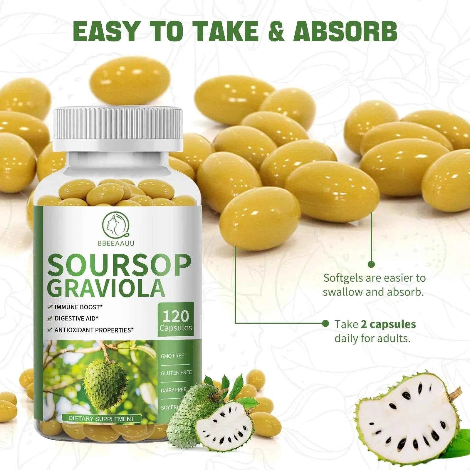 BBEEAAUU Soursop Graviola Extract Capsules for Cell Support and Regeneration, Immunity, Liver, Antioxidants Gut Digestive Health