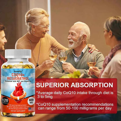 120 CoQ10 + Resveratrol Capsules Supplement to Support Energy, Vitamins, Heart Health and Blood Pressure Levels