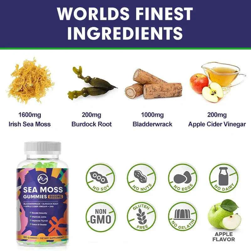 Sea Moss Gummies - 60 Gummies - Made with Bladderwrack &amp; Burdock Root - Seamoss Supplement for Thyroid, Energy, Immune Support