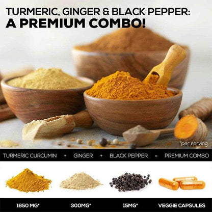 Turmeric Ginger Capsules with BioPerine 1950 Mg - Black Pepper for Better Absorption, Natural Joint, Heart and Brain Support