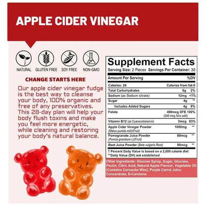Bcuelov Apple Cider Vinegar Gummy Vitamins - Detox Cleanse, Fat Burner, Weight Management, Digestion Booster, Metabolism