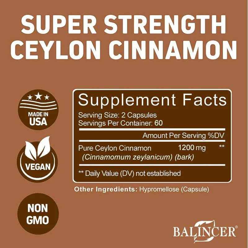 Premium Ceylon Cinnamon 1200 mg Organic All-Natural Supplement for Blood Sugar Levels, Circulation, Brain and Joint Health