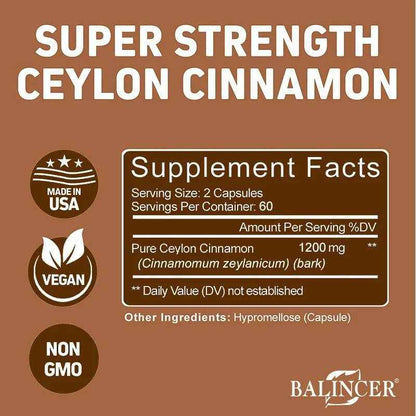 Premium Ceylon Cinnamon 1200 mg Organic All-Natural Supplement for Blood Sugar Levels, Circulation, Brain and Joint Health