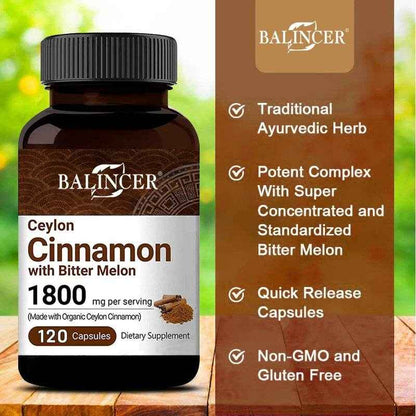 Ceylon Cinnamon 1800mg - Organic Ceylon Cinnamon &amp; Organic Bitter Melon, 2-in-1 Support, Bone, Joint, Blood Sugar, Antioxidant