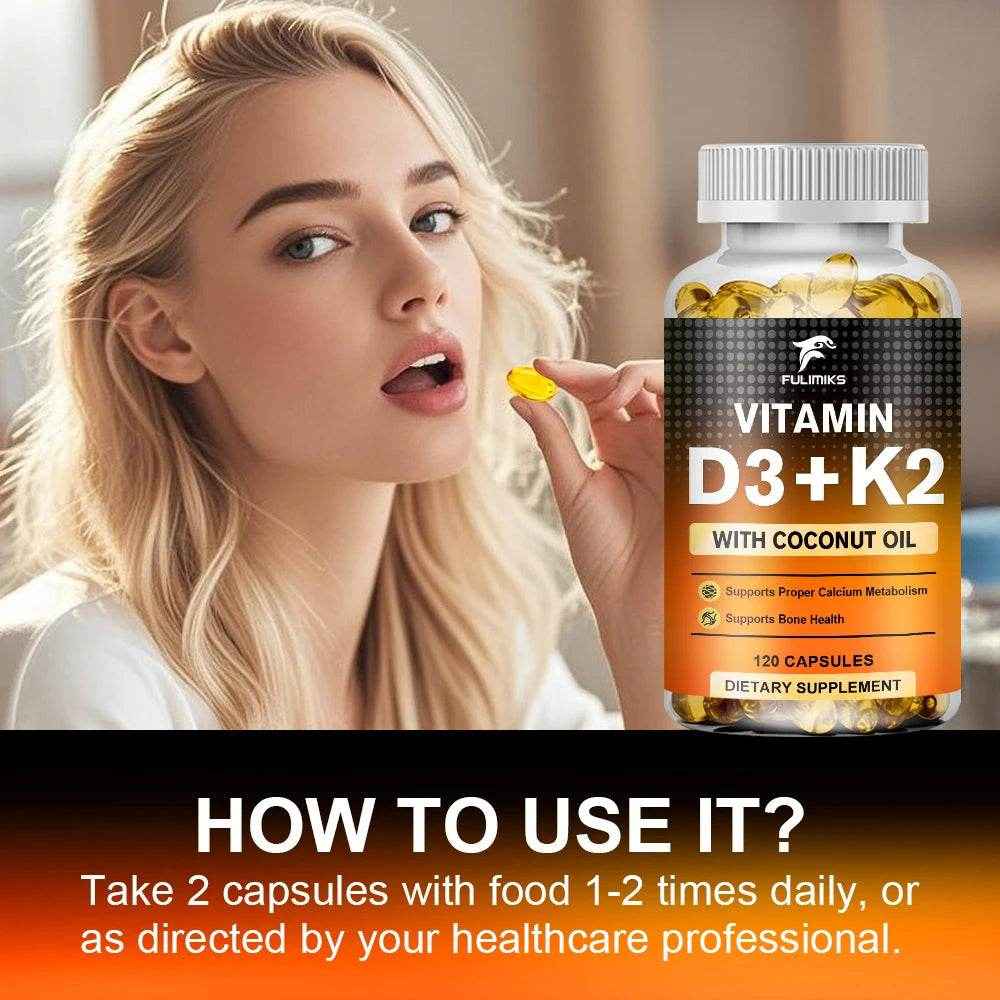 Vitamin D3+K2 Capsules, Heart Health, Bone and Joint Health Support, Suitable for Men and Women - D3 K2 Multivitamin Supplemen