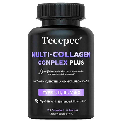Tecepec Multi-Collagen Supplement - 120 Capsules - for Skin, Hair, Nails, Bones, Tendons, Joints &amp; Gut Health
