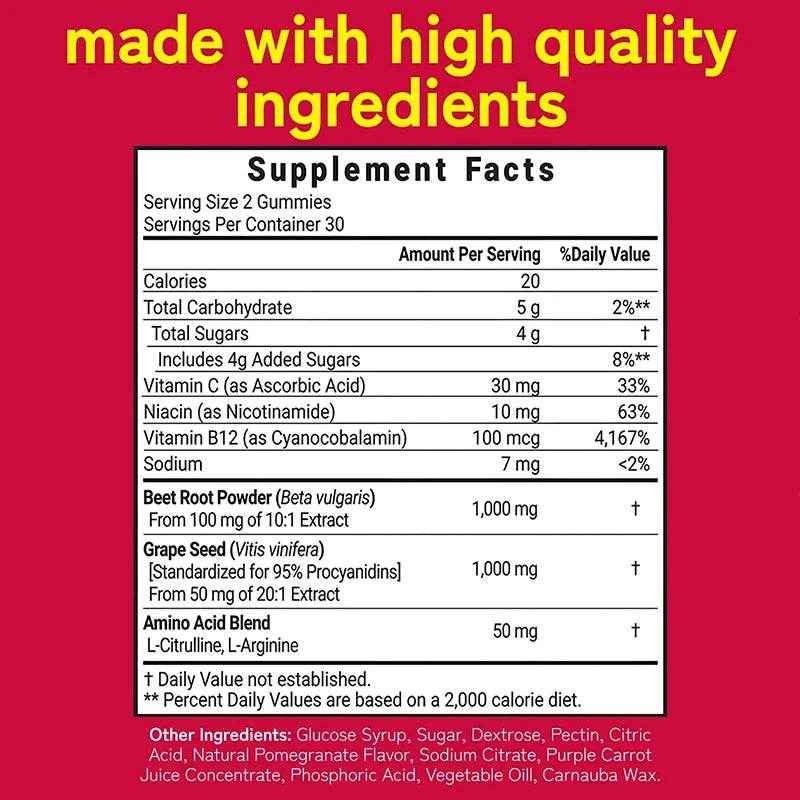 Beetroot Gummies - with Grapeseed and Anthocyanins - Energy, Circulation and Heart Health, Blood Pressure Support, Antioxidants