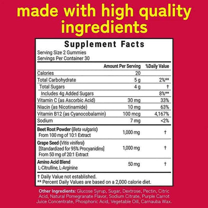 Beetroot Gummies - with Grapeseed and Anthocyanins - Energy, Circulation and Heart Health, Blood Pressure Support, Antioxidants