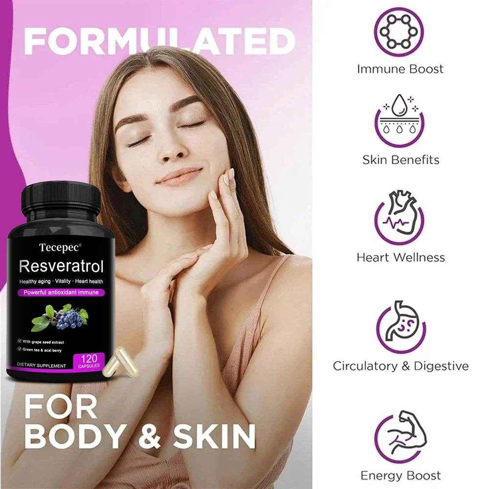 Resveratrol Supplement - Powerful Formula for Healthy Aging, Immune Support &amp; Heart Health with Green Tea Leaf &amp; Grape Seed
