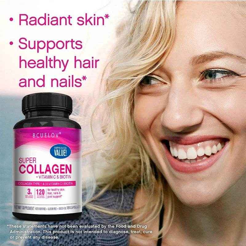 Collagen + Vitamin C plus Biotin, Anti-Aging Support, Antioxidant, Brightener, Skin, Hair &amp; Nails Supplement, 120 Capsules