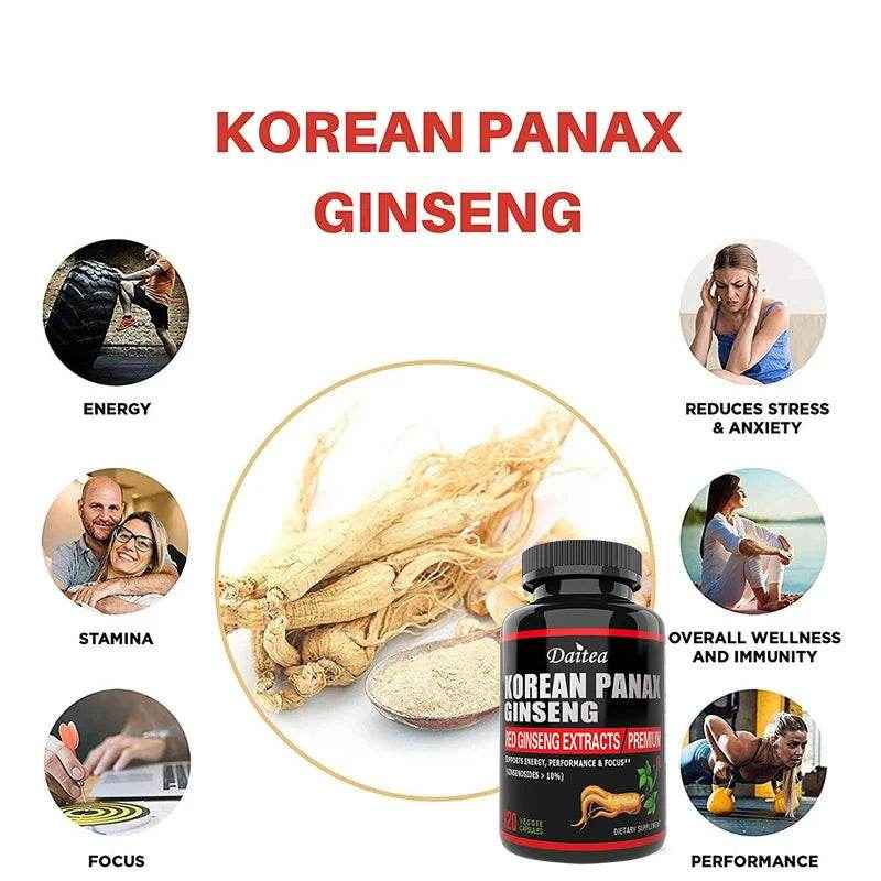 Korean Red Ginseng Vegetarian Capsules - Balances Energy Levels, Reduces Stress, Helps Maintain Memory, Focus and Fights Fatigue