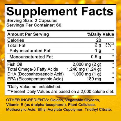 DHA Supplement, Fish Oil Omega-3 1240 mg, Supports Brain Health, Improves Focus, Mercury Free, 120 Capsules