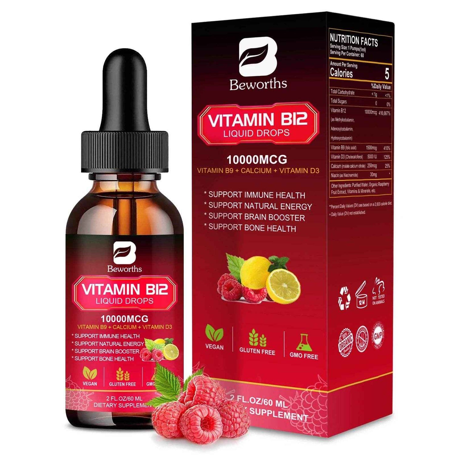 BEWORTHS Vitamin B12 Drops Energy Supplements Support Immune Health Protecting Cardiovascular Health Promote Digestion