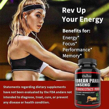 Korean Red Ginseng Vegetarian Capsules - Balances Energy Levels, Reduces Stress, Helps Maintain Memory, Focus and Fights Fatigue