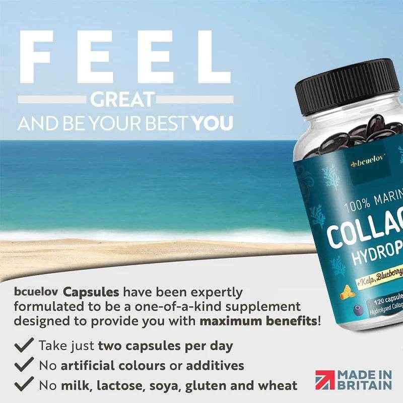 Powerful Marine Collagen - With Hyaluronic Acid, Biotin &amp; Blueberry - 1400mg Complex-Hydrolyzed Type 1-With Vitamins &amp; Minerals