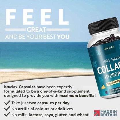 Powerful Marine Collagen - With Hyaluronic Acid, Biotin &amp; Blueberry - 1400mg Complex-Hydrolyzed Type 1-With Vitamins &amp; Minerals