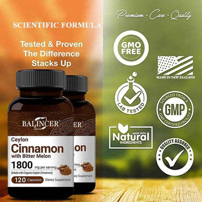 Ceylon Cinnamon 1800mg - Organic Ceylon Cinnamon &amp; Organic Bitter Melon, 2-in-1 Support, Bone, Joint, Blood Sugar, Antioxidant