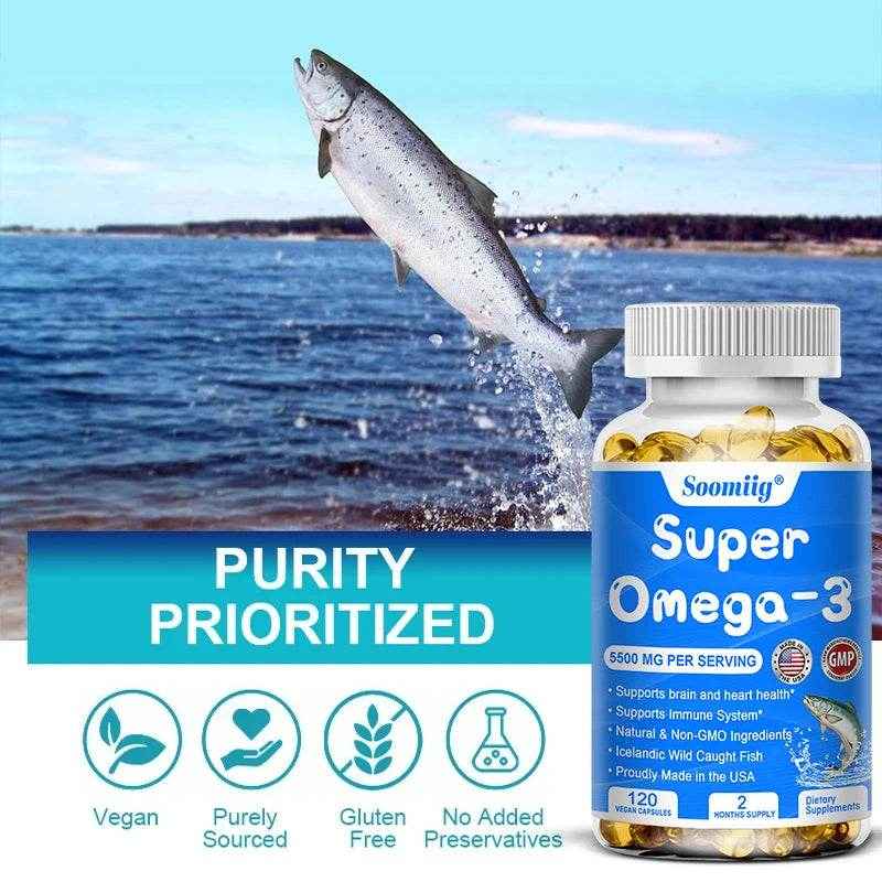 Wild Caught Super Strength Omega 3 Fish Oil 120 Softgels 5500mg High EPA 1200mg DHA 900mg Non-GMO Gluten Free Dietary Supplement