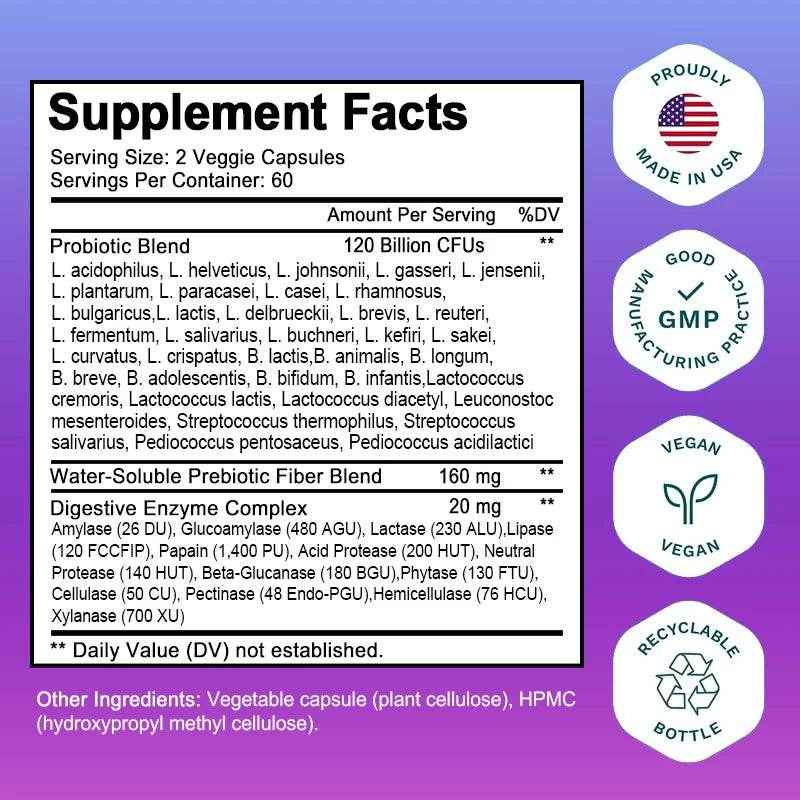 Probiotic Supplement, 120 Billion CFU, with Prebiotics and Digestive Enzymes to Support Gut Digestion and Immune Health