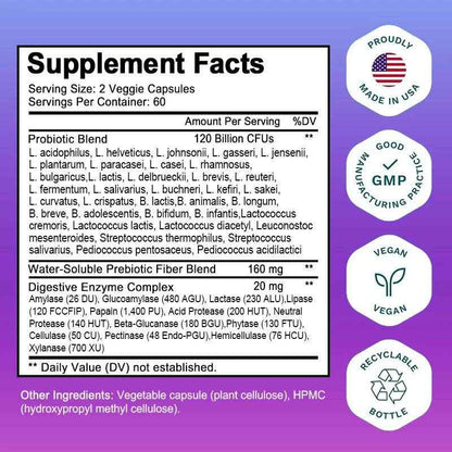 Probiotic Supplement, 120 Billion CFU, with Prebiotics and Digestive Enzymes to Support Gut Digestion and Immune Health