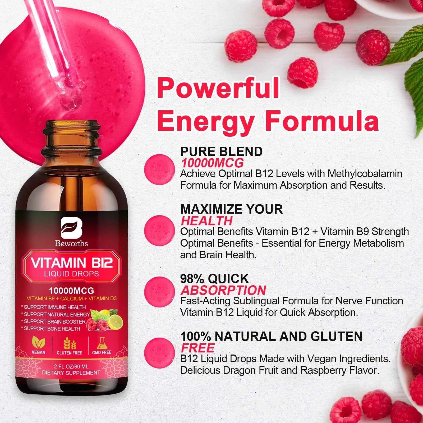 BEWORTHS Vitamin B12 Drops Energy Supplements Support Immune Health Protecting Cardiovascular Health Promote Digestion