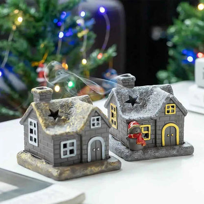 Christmas House Incense Burner - Ceramic Aroma Cone Burner with Chimney Design and Ash Catcher for Table Décor