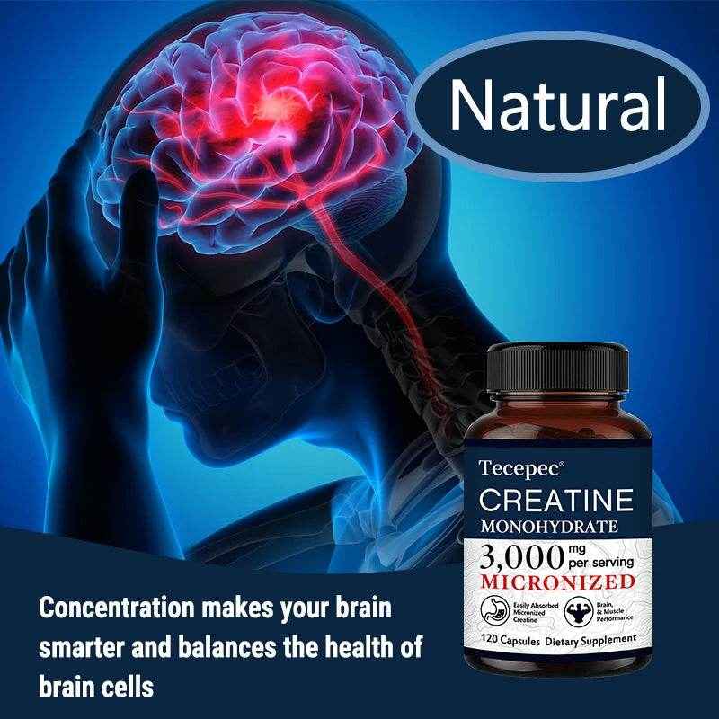 Creatine Monohydrate 3000 Mg Capsules, Supports Pre-Workout and Healthy Muscles, Focus &amp; Memory, Easy To Absorb