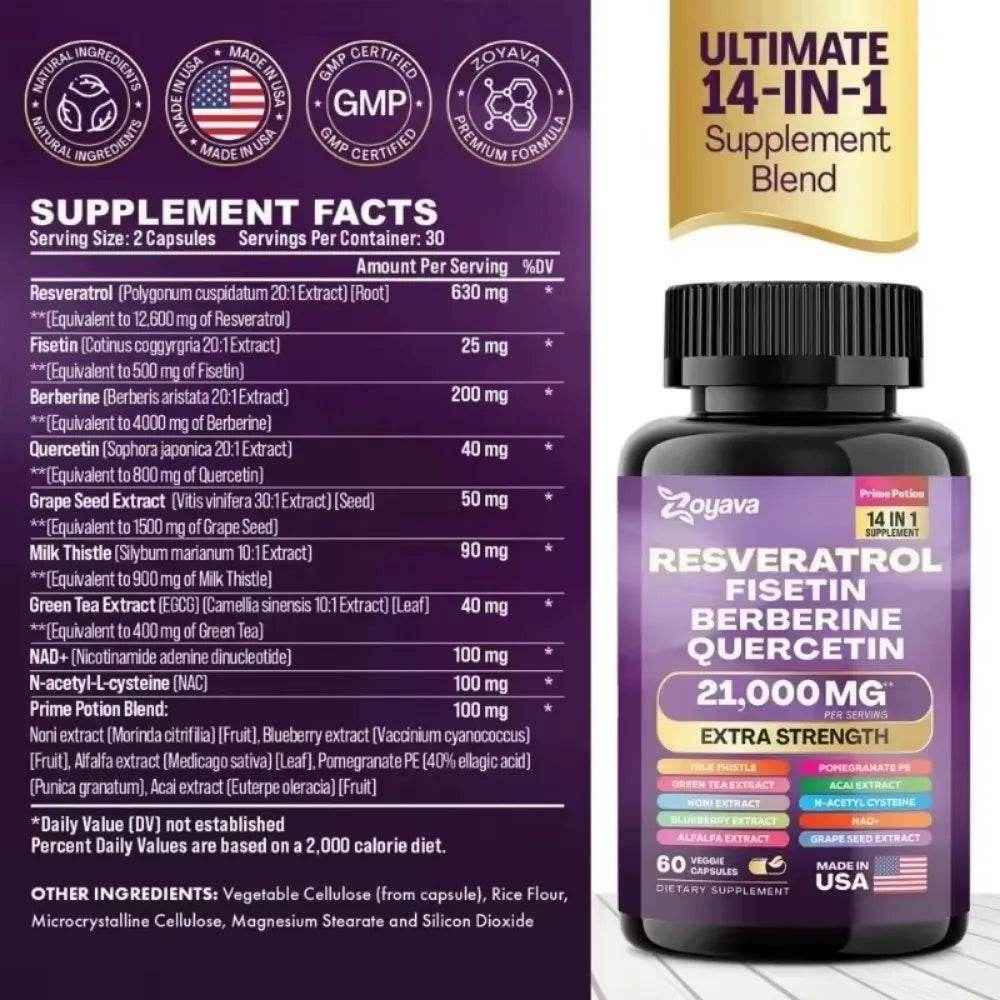 Resveratrol Supplement, Milk Thistle, Berberine, Fisetin, Quercetin, Grape Seed Extract, 60 Capsules, Vitality Enhancer