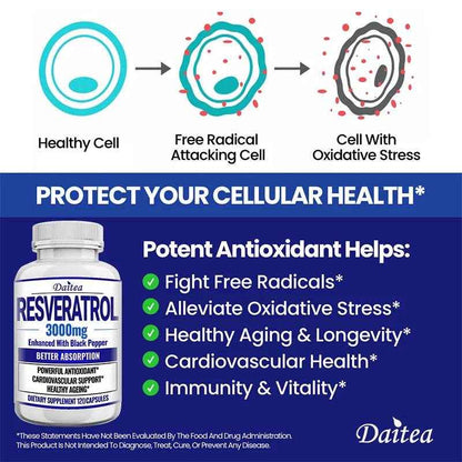Natural Resveratrol Antioxidant Supplement - Balances Body Energy, Skin Cell Health, Brain Function and Immune System