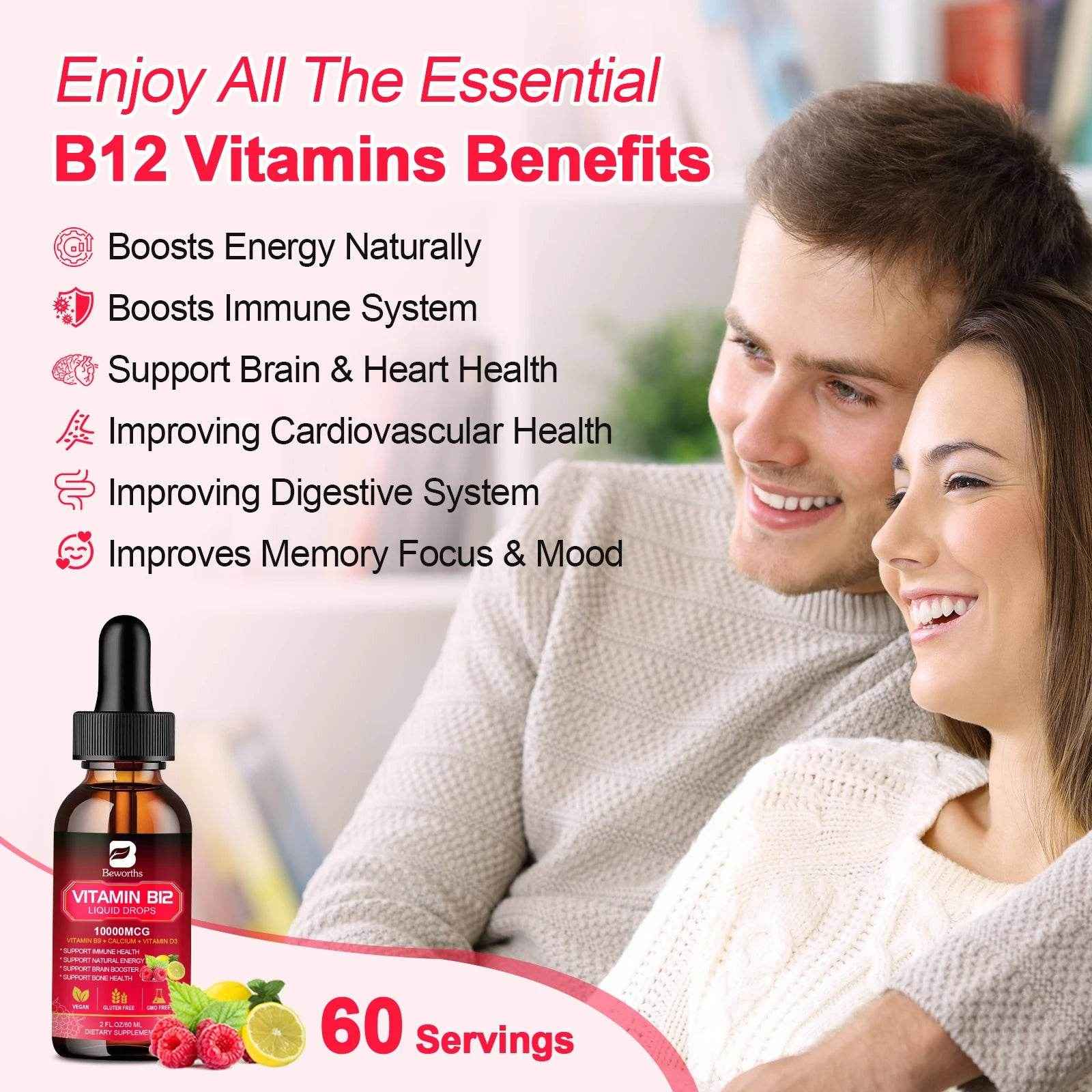 BEWORTHS Vitamin B12 Drops Energy Supplements Support Immune Health Protecting Cardiovascular Health Promote Digestion