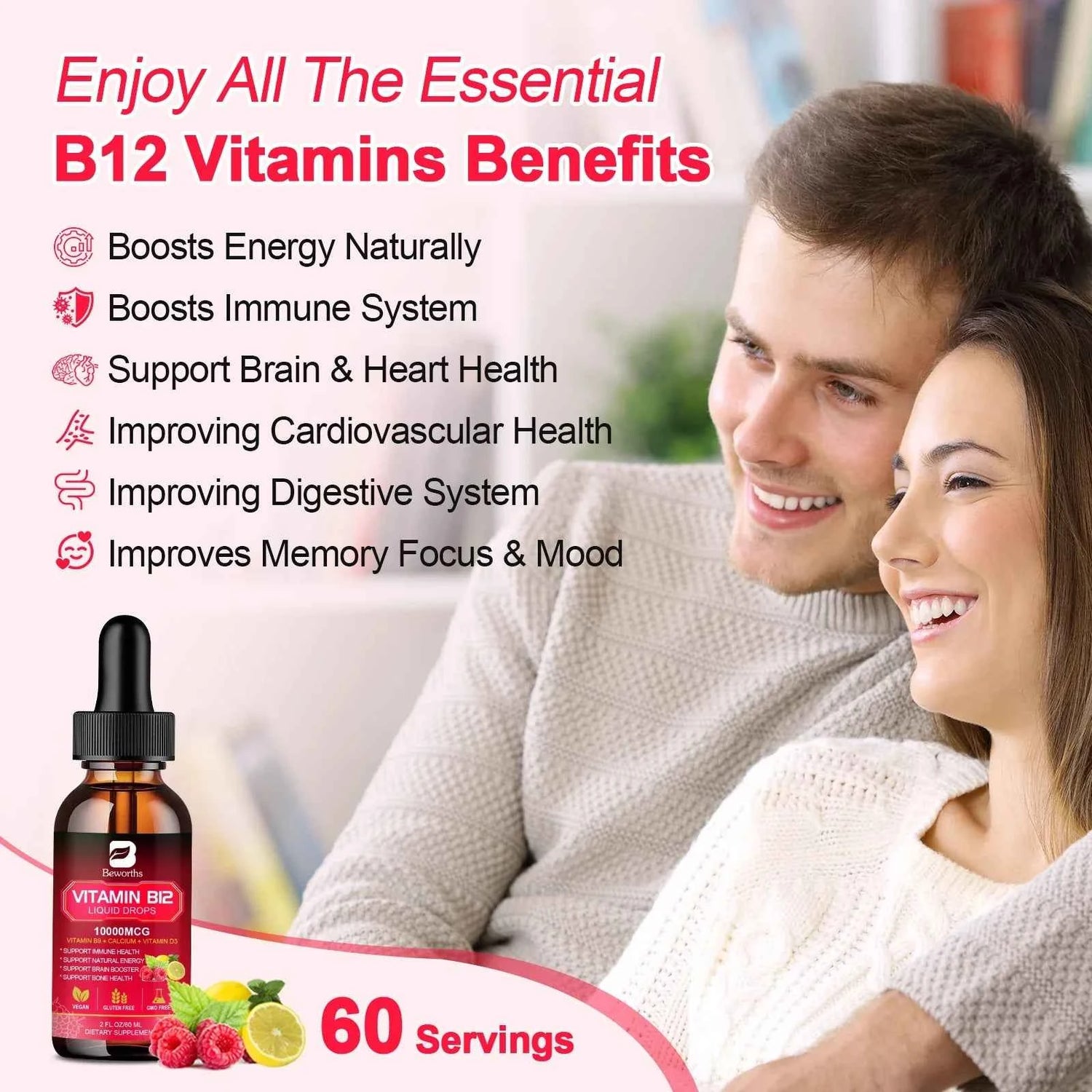 BEWORTHS Vitamin B12 Drops Energy Supplements Support Immune Health Protecting Cardiovascular Health Promote Digestion
