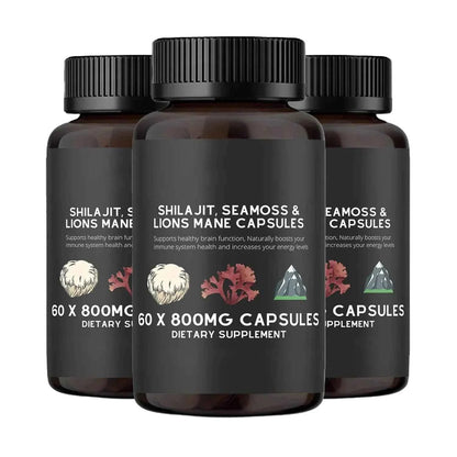 Shilajit, SeaMoss&amp;Lions Mane Capsules - Comprehensive All-in-One Wellness Supplement for Mind, Body, and Vitality - 60 Capsules