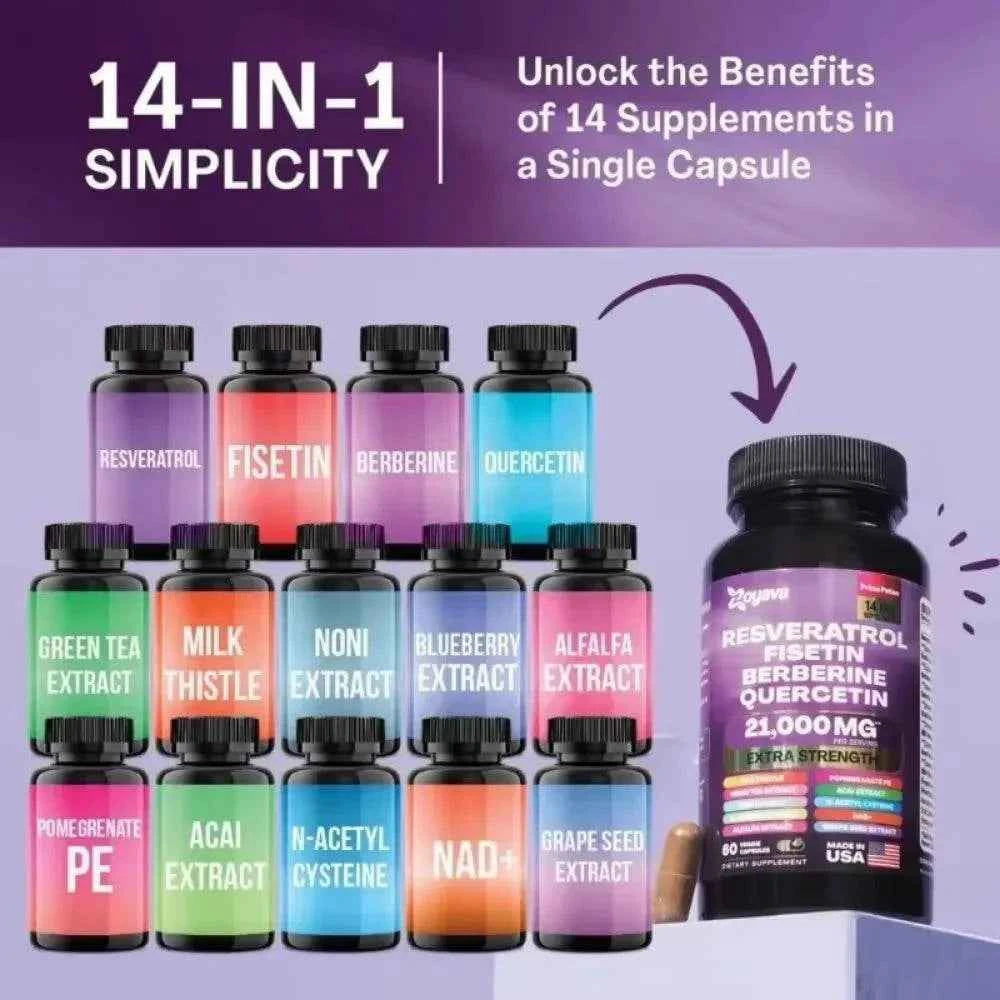Resveratrol Supplement, Milk Thistle, Berberine, Fisetin, Quercetin, Grape Seed Extract, 60 Capsules, Vitality Enhancer