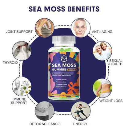 Sea Moss Gummies - 60 Gummies - Made with Bladderwrack &amp; Burdock Root - Seamoss Supplement for Thyroid, Energy, Immune Support