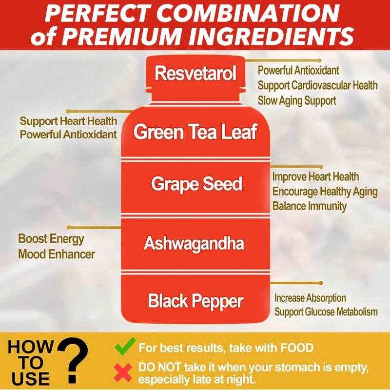 Resveratrol Grape Seed Extract Supplement Supports Skin Health Overall Health And Metabolism Antioxidant 120 Capsules
