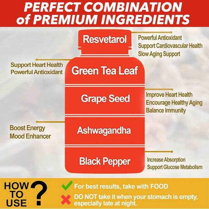Resveratrol Grape Seed Extract Supplement Supports Skin Health Overall Health And Metabolism Antioxidant 120 Capsules