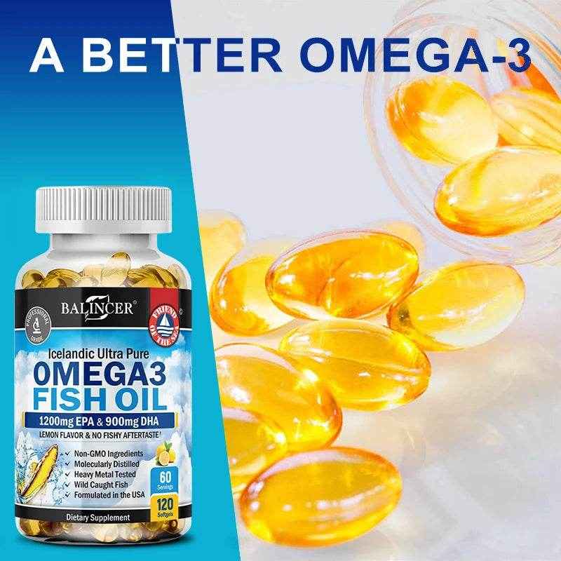 Fish Oil Omega 3 Contains EPA 1200mg &amp; DHA 900mg - for Joints, Eyes, Cognitive Supplement, Non-GMO, Gluten Free