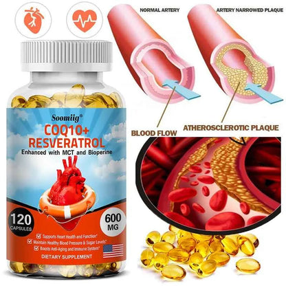 120 CoQ10 + Resveratrol Capsules Supplement to Support Energy, Vitamins, Heart Health and Blood Pressure Levels