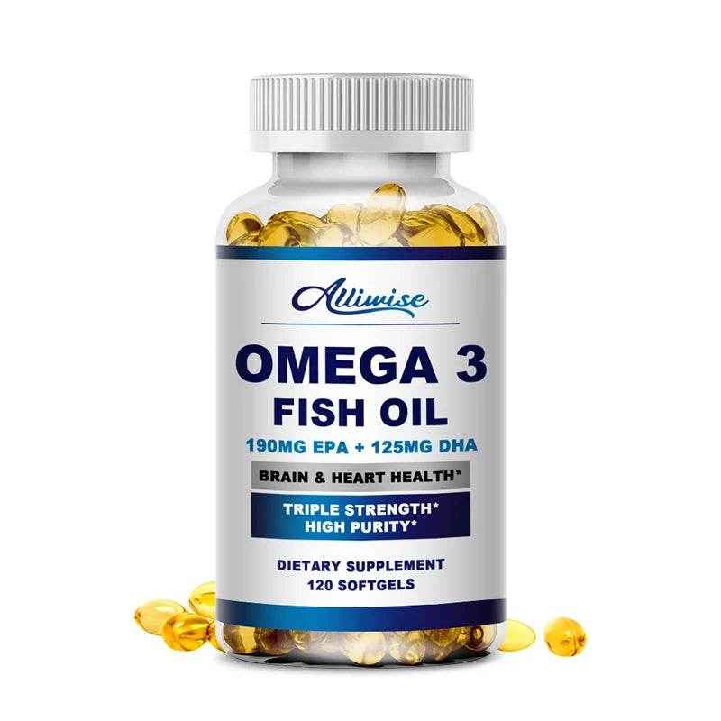 Alliwise Omega 3 Fish Oil Capsules Helps Brain &amp; Cardiovascular System, Relief Eye Fatigue, Improve Cognitive &amp; Learning Ability