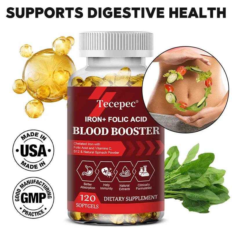 With Iron + Folic Acid, Vitamin C, B12, Blood Booster, Supports Energy, Hemoglobin &amp; Immunity, 120 Capsules