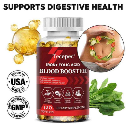 With Iron + Folic Acid, Vitamin C, B12, Blood Booster, Supports Energy, Hemoglobin &amp; Immunity, 120 Capsules