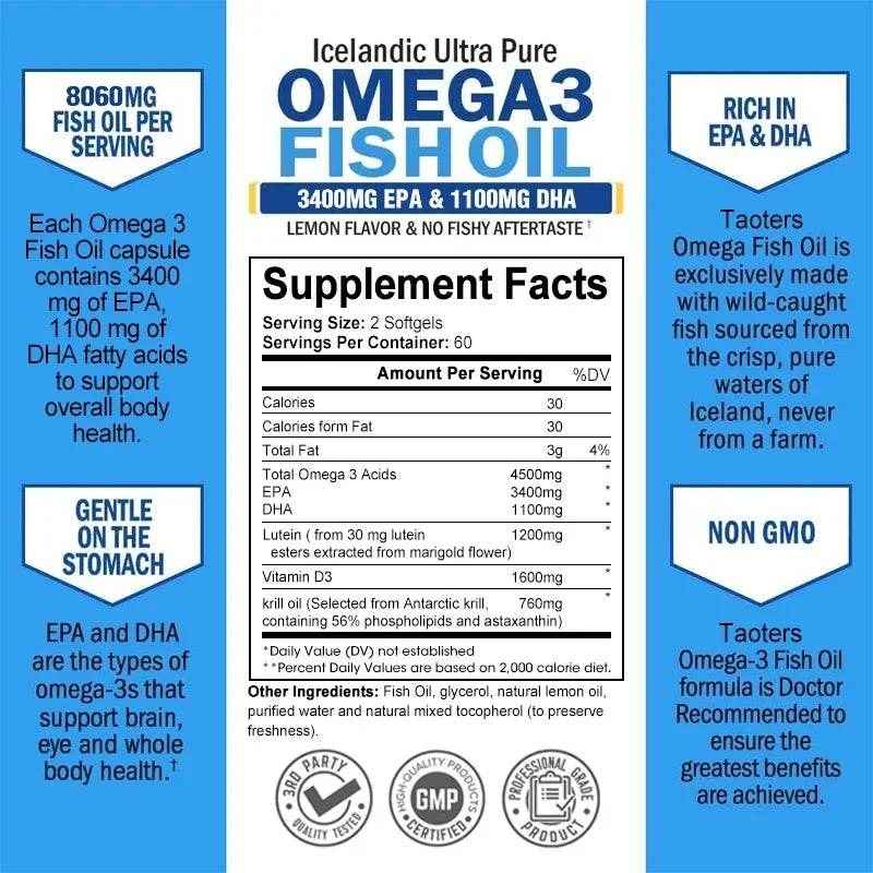 Omega-3 Fish Oil Supplement - Rich in EPA+DHA, Lutein, Supports Heart, Brain &amp; Joint Health, Antioxidant, 120 Capsules