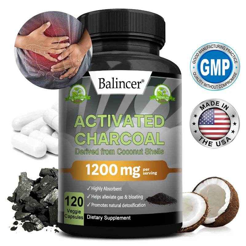 Activated Charcoal Capsules 1,200 Mg - Organic Coconut Shell, Helps Relieve Gas &amp; Bloating, Detox &amp; Bowel, Digestive Supplement