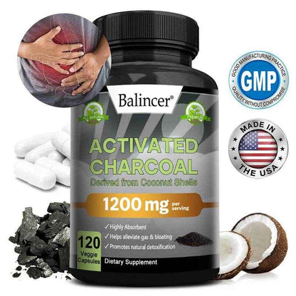 Activated Charcoal Capsules 1,200 Mg - Organic Coconut Shell, Helps Relieve Gas &amp; Bloating, Detox &amp; Bowel, Digestive Supplement